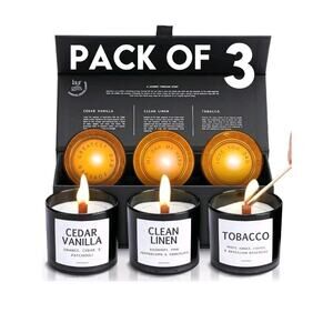 Scented Candles Set 3 Candle Box with Masculine Aromas of Tobacco Cedar Linen